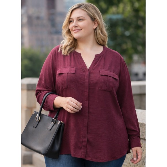 ANA A NEW APPROACH V-Neck Long Sleeve Blouse – Burgundy - Picture 3 of 6